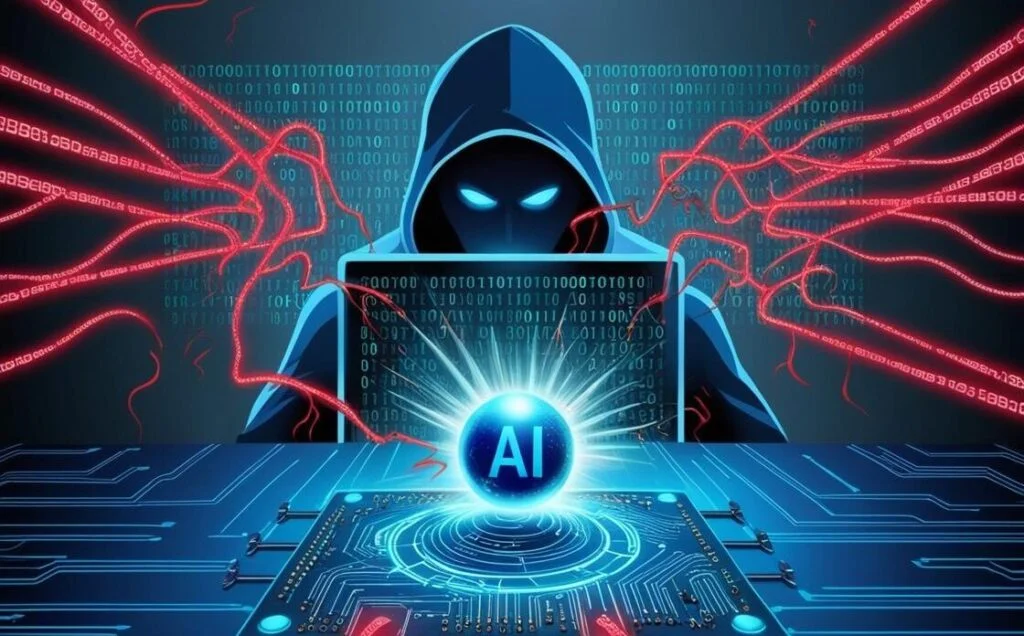 Hooded hacker at a laptop with a glowing AI orb and circuits, red data streams surrounding the scene.