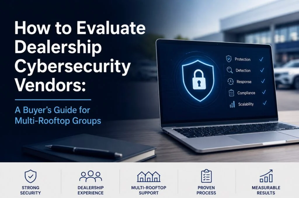 Laptop showing a padlock and vendor criteria checklist for evaluating dealership cybersecurity vendors