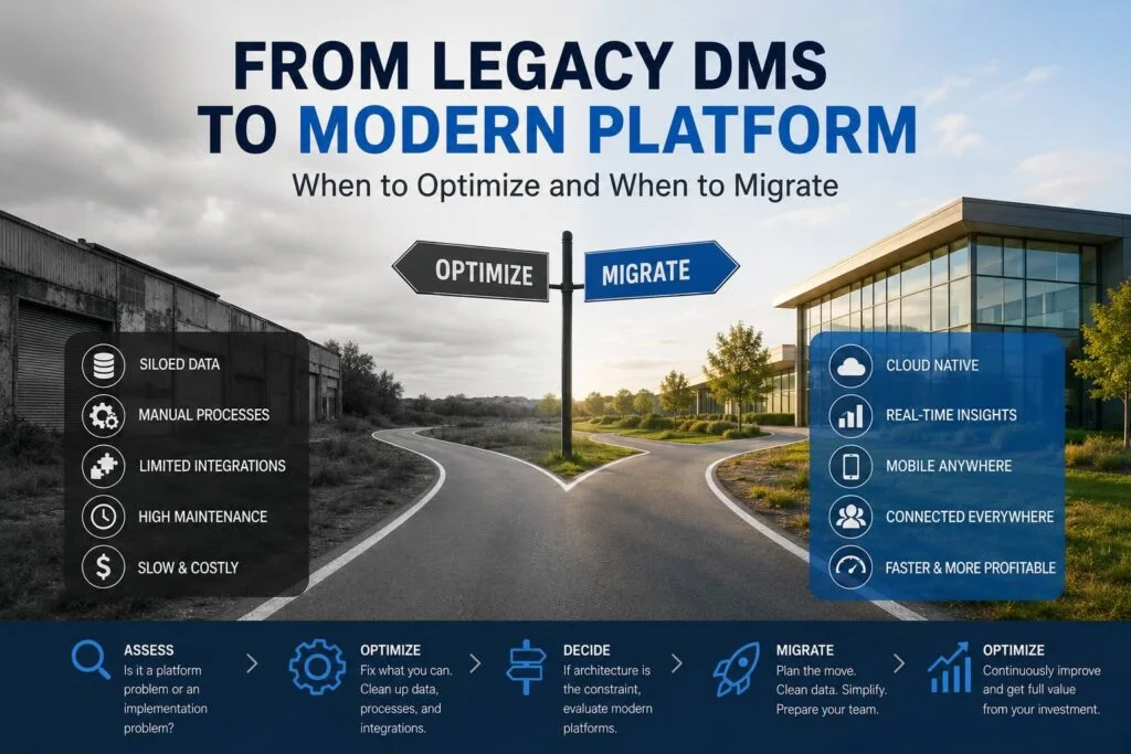 Road splitting into Optimize and Migrate paths between a legacy DMS building and a modern cloud platform