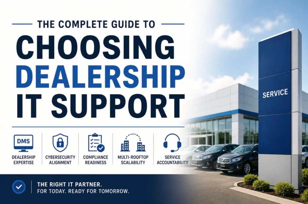 Dealership service department entrance with the title The Complete Guide to Choosing Dealership IT Support
