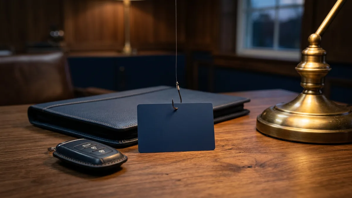 Fishing hook dangling over a company credit card and car key fob, showing why attackers target a dealership ad account with a stored payment method