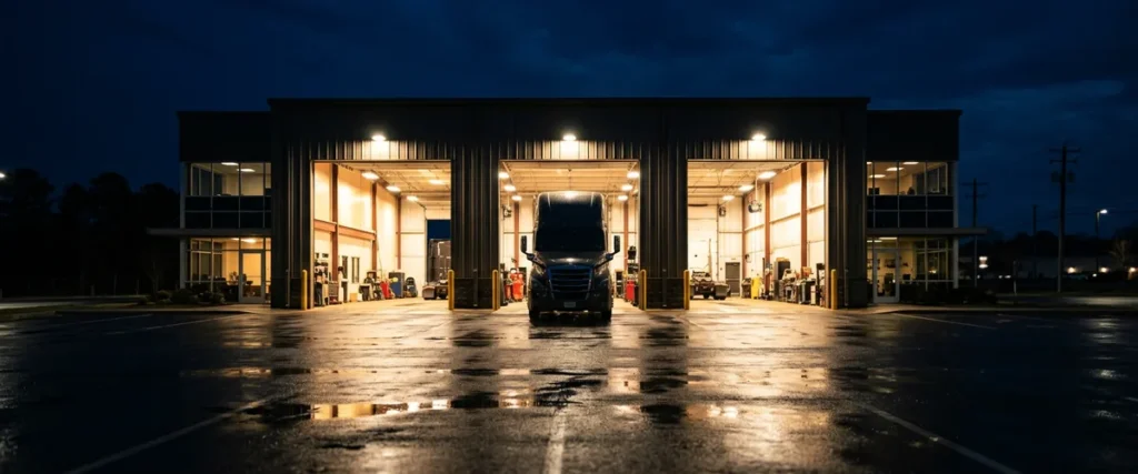 Heavy truck dealership service building at night with lit open bay doors and a semi tractor inside