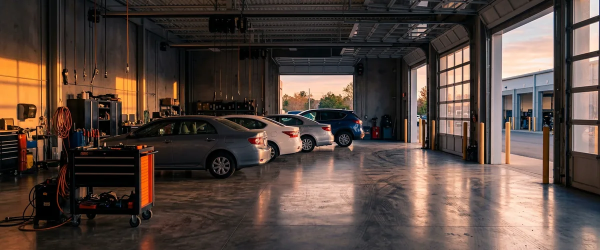 Line of used cars waiting in a dealership reconditioning bay at dawn, the kind of process an AI agent can track