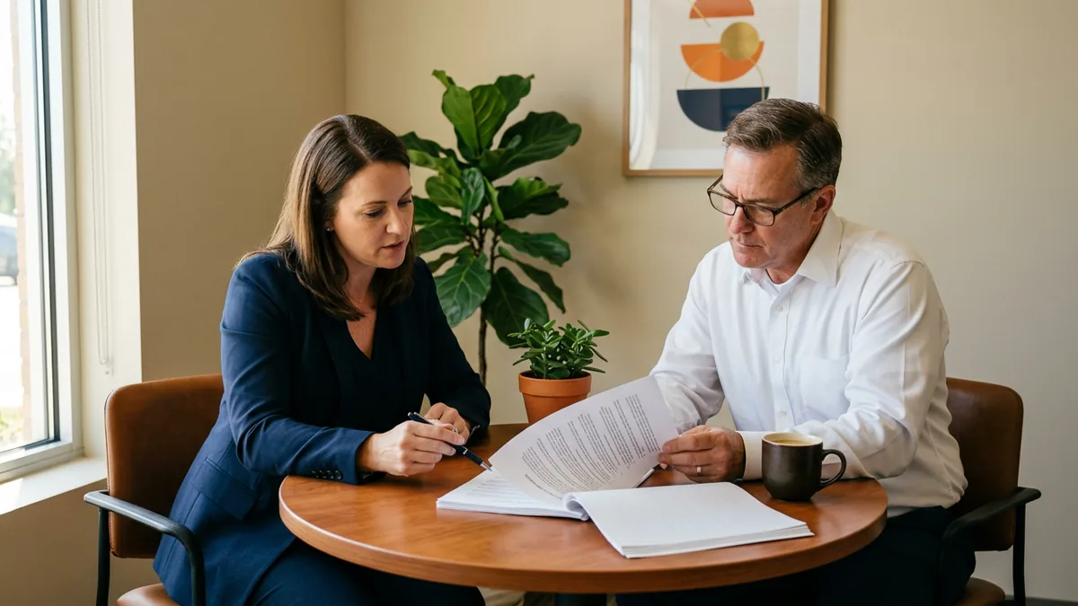 Dealership BDC manager and general manager reviewing an AI BDC vendor contract at a table