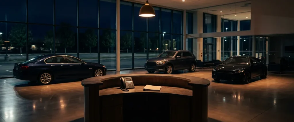 Closed car dealership showroom reception desk at night, the hours when an AI BDC answers new leads