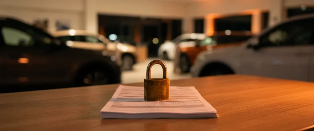 Brass padlock on printed dealership customer forms in a showroom at night, a picture of data security for an AI chatbot at a car dealership