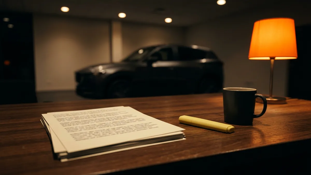Printed dealership lead sheets and a highlighter on a BDC desk at night, where chatbot leads and transcripts end up