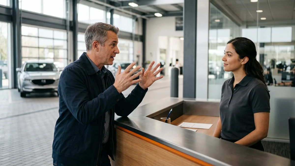 Customer leaning in to talk with a service advisor at a dealership service counter, the kind of conversation shoppers now have with a chatbot