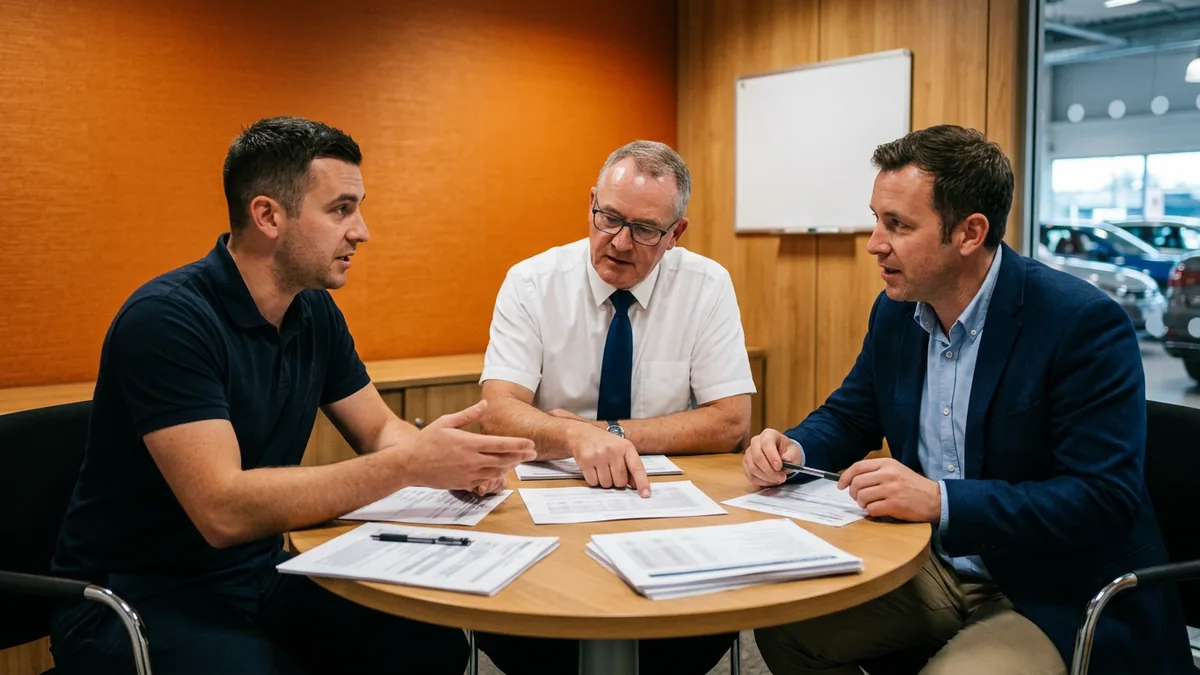 General manager, BDC director and IT technician at a dealership meeting table deciding who owns the website chatbot