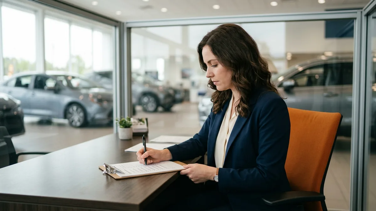 Dealership BDC manager working through a printed security checklist on a clipboard before a website chatbot goes live