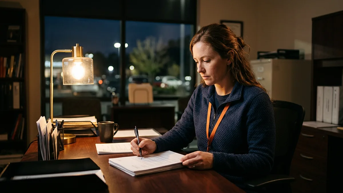 Dealership BDC manager reviewing printed customer replies, the weekly check on what an AI email assistant sent to leads