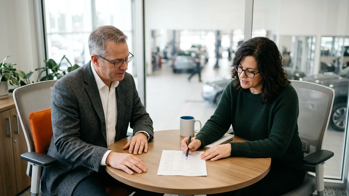 Dealership general manager and IT manager reviewing a printed checklist of mailbox permissions and approved AI apps