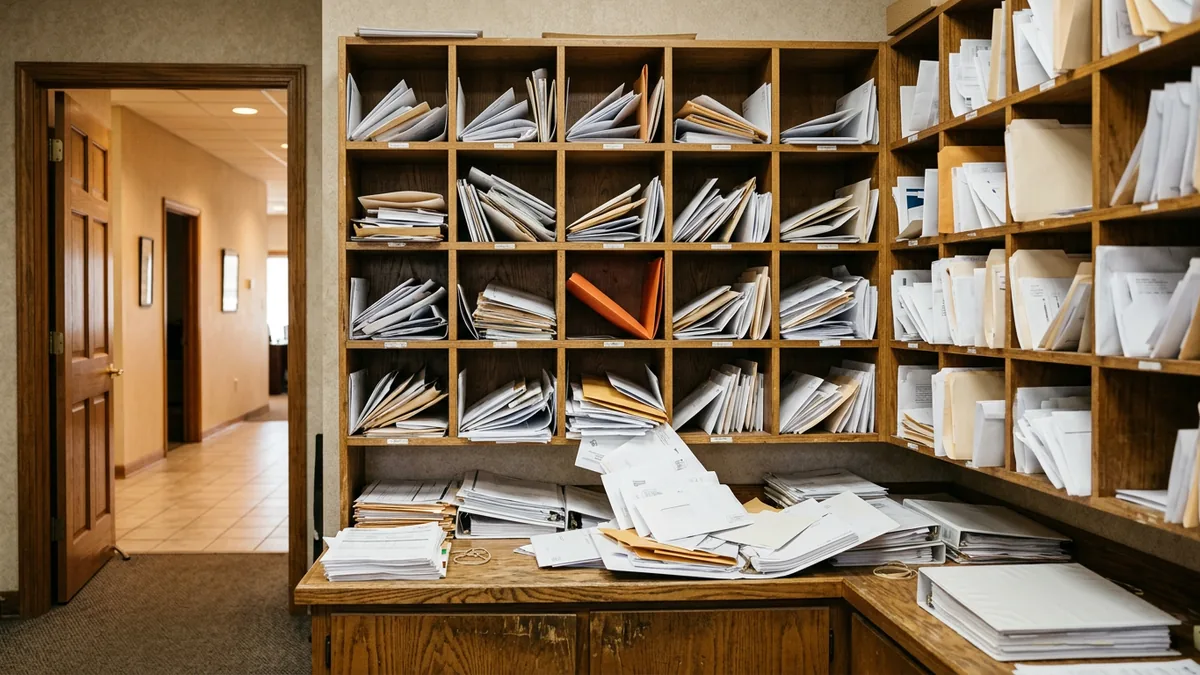 Dealership back office mail cubbies stuffed with customer paperwork, an analogy for the customer data an AI email assistant can read