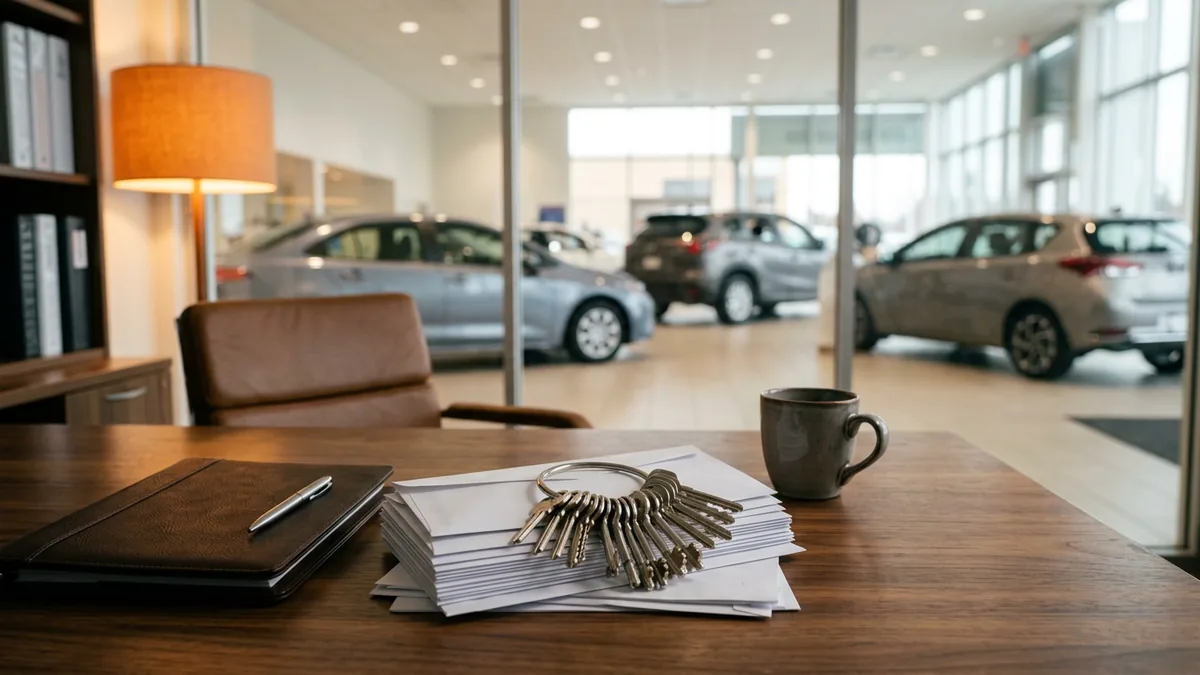 Ring of keys resting on a stack of envelopes on a dealership manager's desk, representing mailbox access granted to an AI email assistant