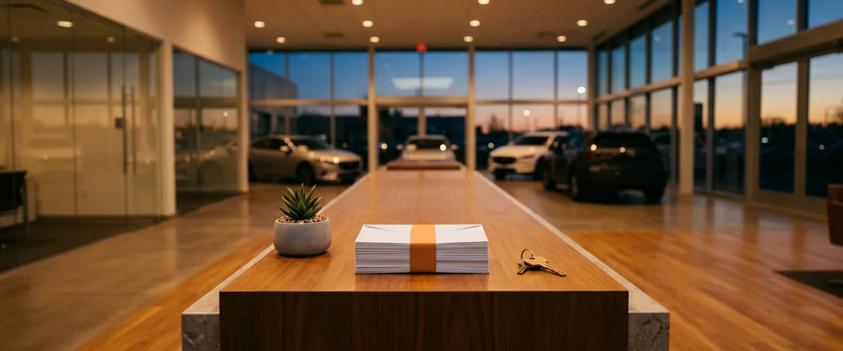 Stack of sealed envelopes and a key on a dealership reception counter, representing customer email an AI assistant could read, send or leak