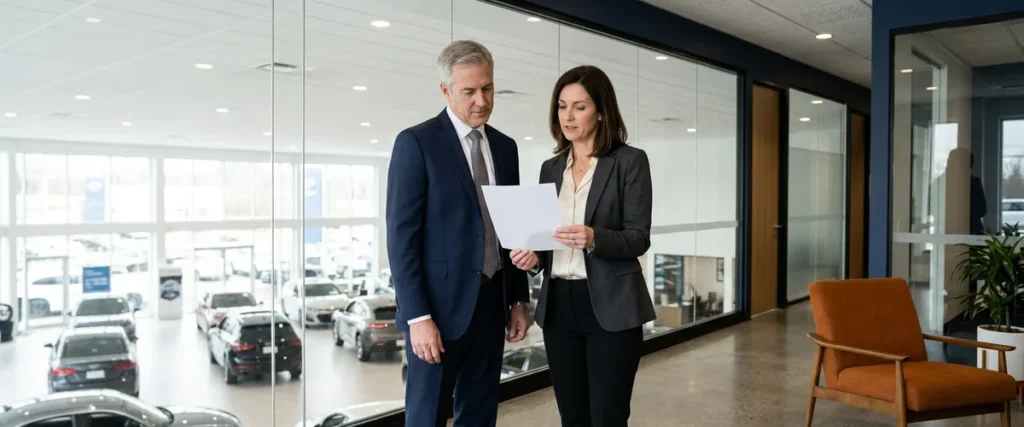 Dealer principal and CFO reviewing an AI tool approval together in an office overlooking the dealership showroom