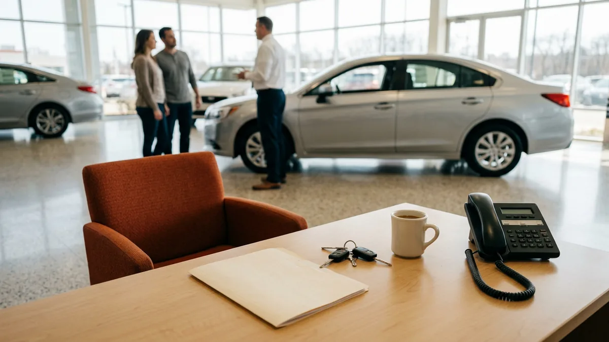 Salesperson's desk on a car dealership showroom floor with a deal folder and car keys, where shadow AI use usually starts