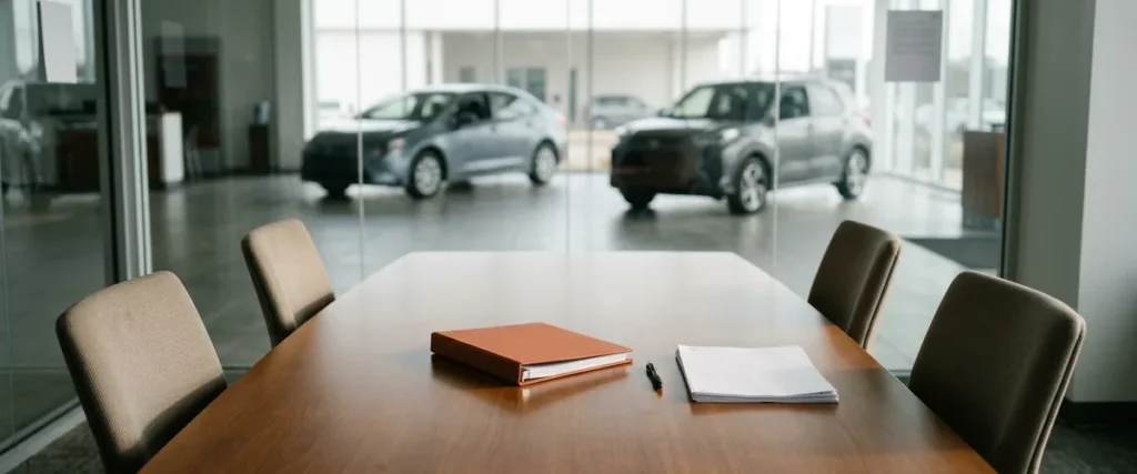 Empty dealership conference room overlooking the showroom with a printed AI governance policy binder on the table