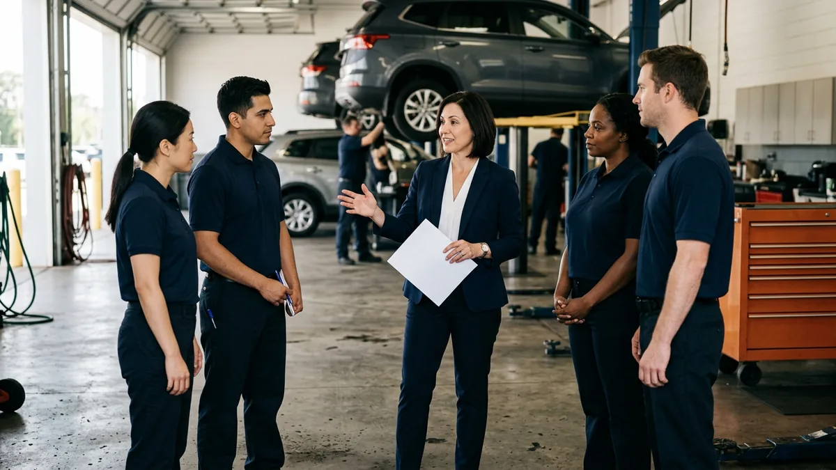 Dealership manager leading a short hands-on training huddle with service advisors about AI guardrails