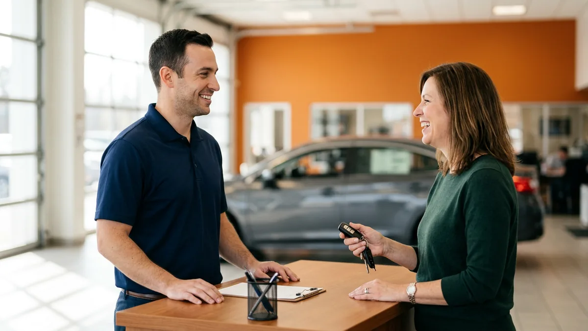 Dealership service advisor taking over a customer conversation in person at the service desk