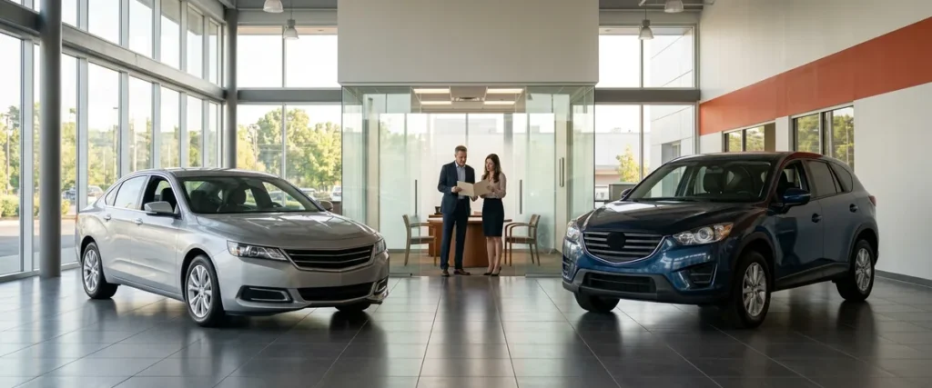 Car dealership showroom with a general manager and an advisor reviewing a folder in a glass office, illustrating AI legal risks for dealerships