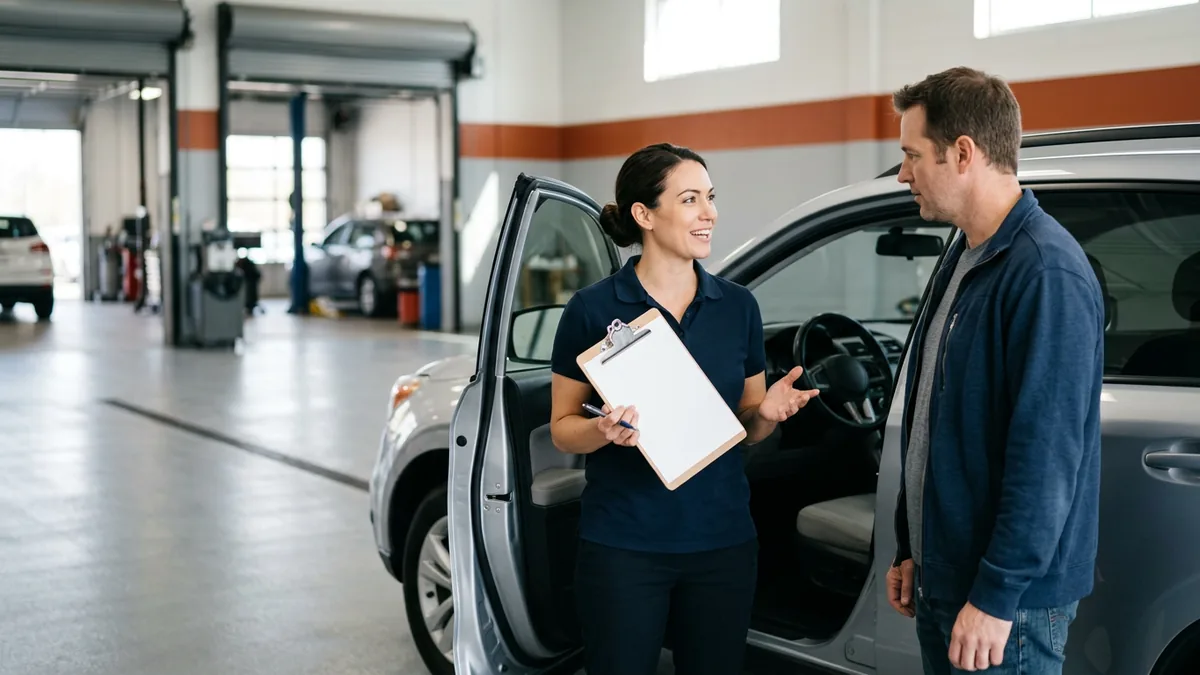 Dealership service advisor with a clipboard talking with a customer on the service drive, where AI legal risks for dealerships start