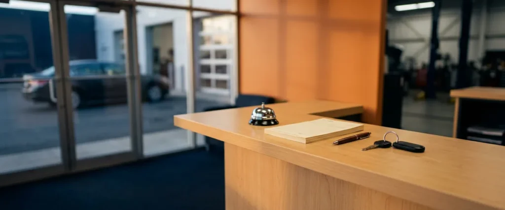 Empty dealership service cashier counter in morning light with a service bell, repair orders, and a car key