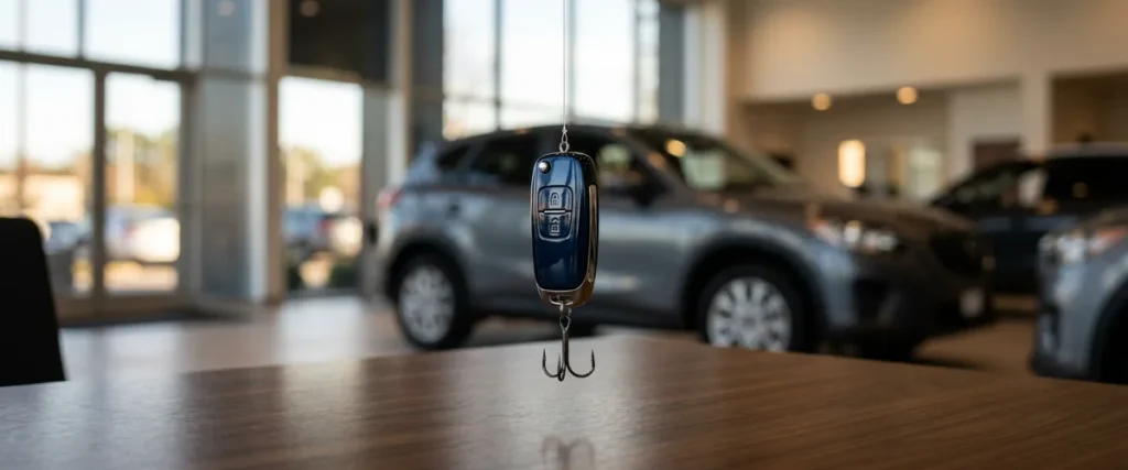 Fishing lure shaped like a car key fob hanging over a dealership desk, illustrating AI phishing aimed at dealership ad accounts