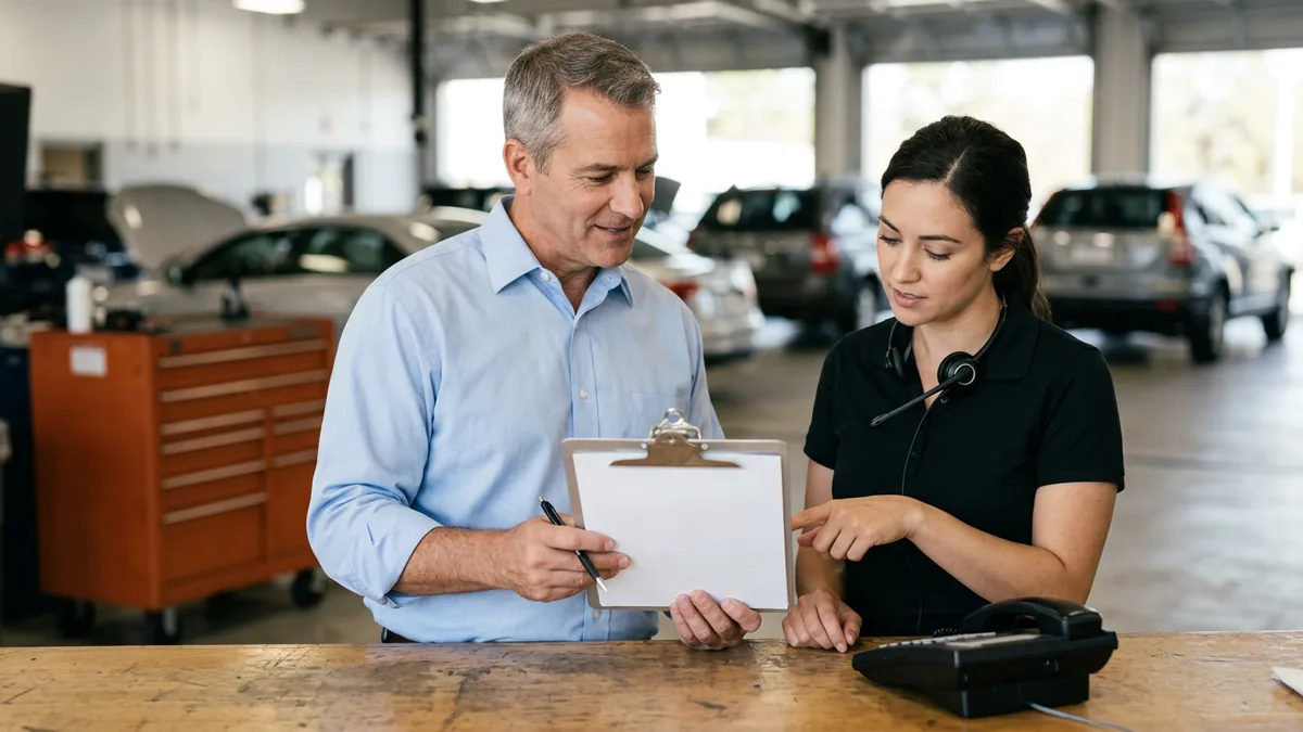 Dealership general manager and BDC manager going through an AI phone agent security and consent checklist on a clipboard