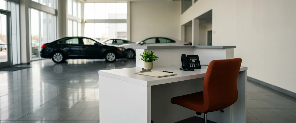 Dealership reception desk with a desk phone in a bright showroom, illustrating AI phone agents for dealerships