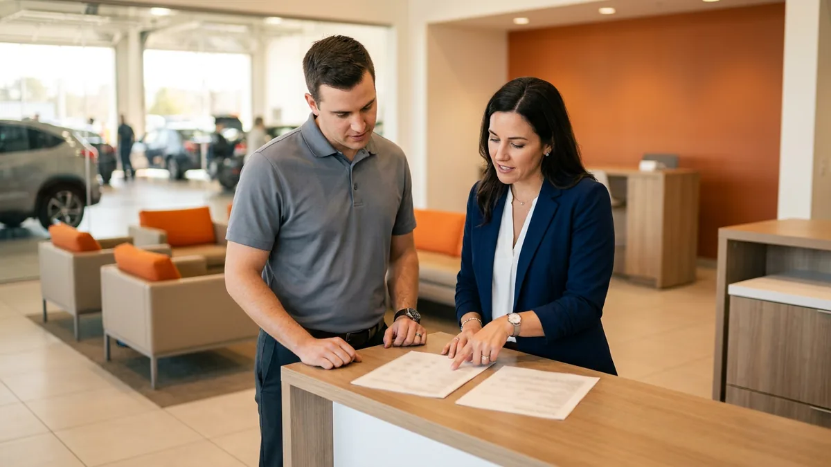 Dealership general manager and service advisor reviewing a printed AI policy for car dealerships at the service counter