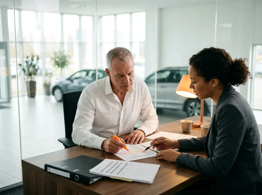 IT security consultant and dealership general manager reviewing a printed user access list with a highlighter at a desk in a glass-walled office beside the showroom