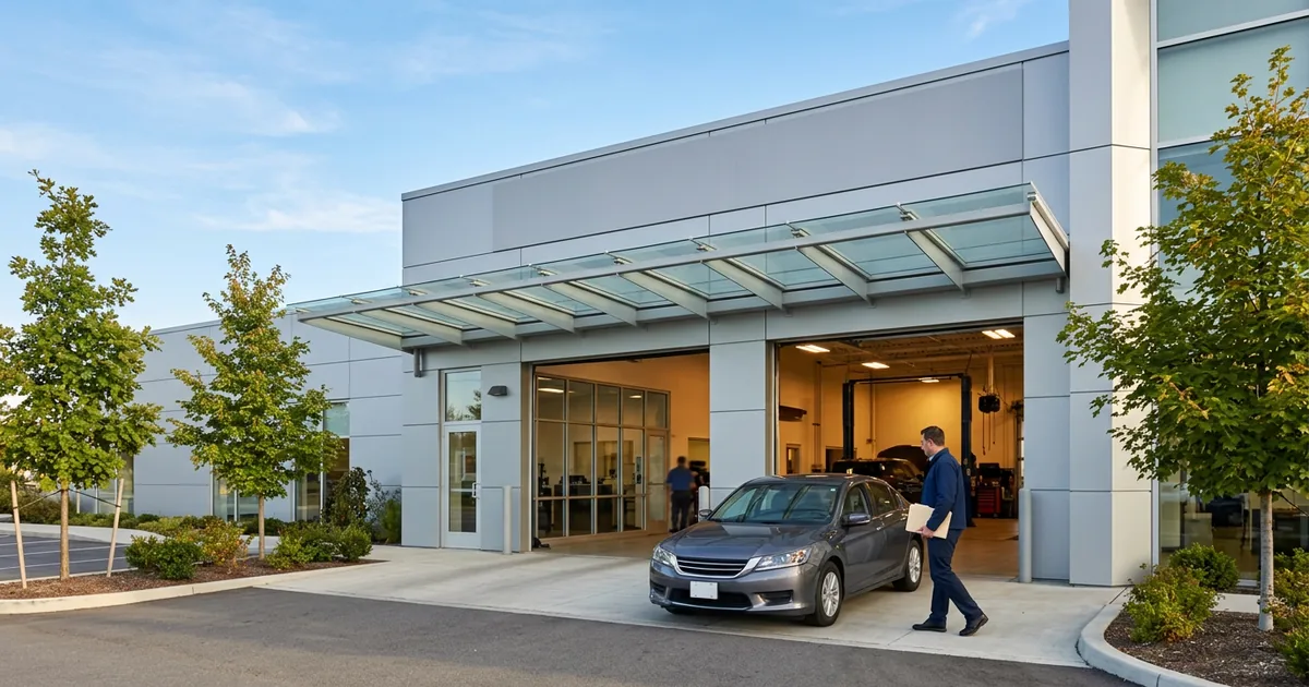 Service advisor carrying a folder toward a sedan under the glass canopy of a modern car dealership service drive on a clear morning