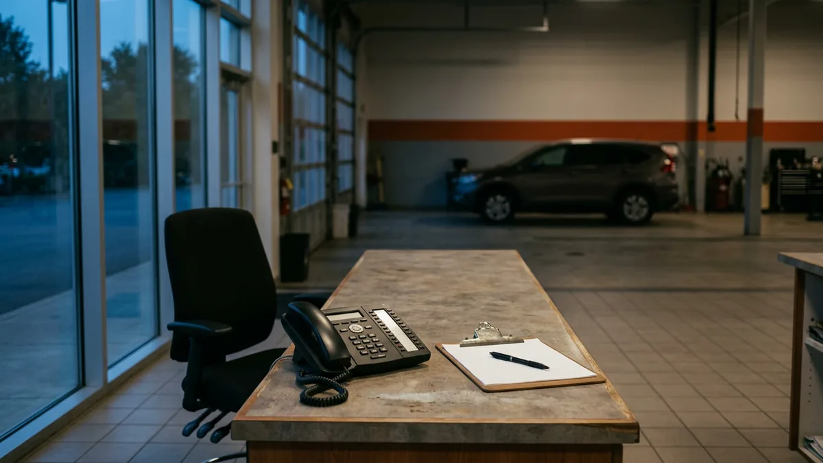 Unattended dealership service desk with a desk phone after hours, the calls an AI receptionist for car dealerships would answer