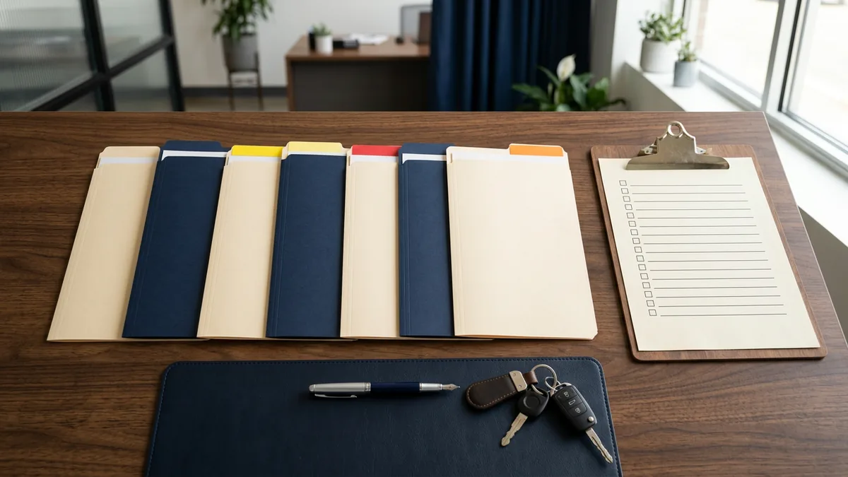 Vendor file folders laid out in a row on a dealership desk, one for each AI-enabled vendor on the store's list