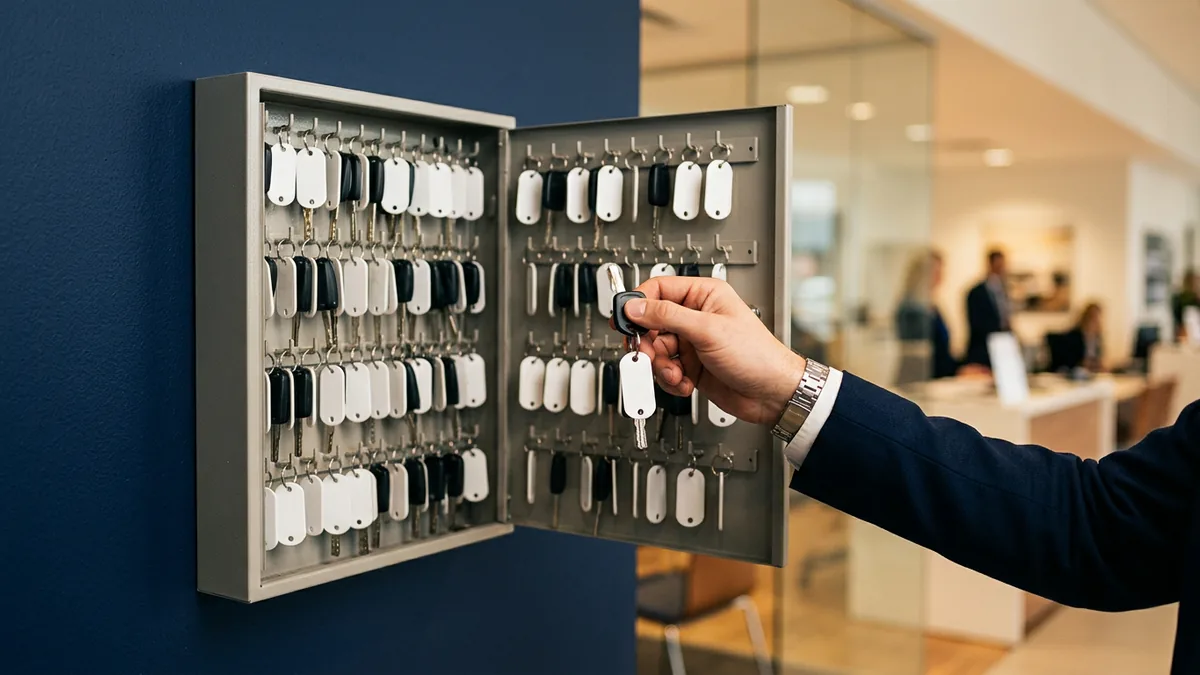 Manager removing a key from a dealership key cabinet, a picture of revoking a vendor's access when its contract ends