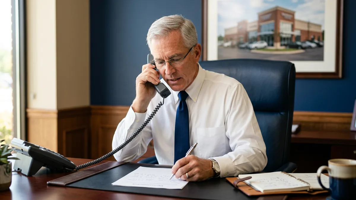 Dealership CFO on a call with an AI vendor, writing the vendor's answers about data retention and model training on a printed questionnaire