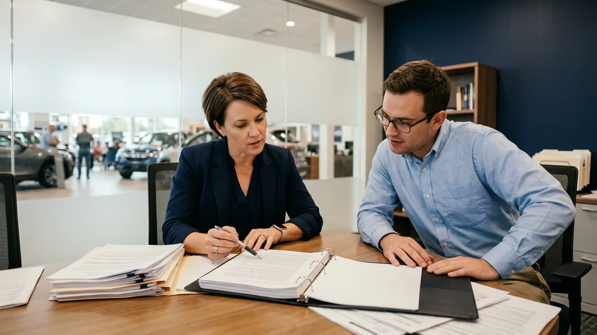 Dealership controller and IT manager reviewing a stack of printed vendor contracts to see which AI vendors can reach customer data