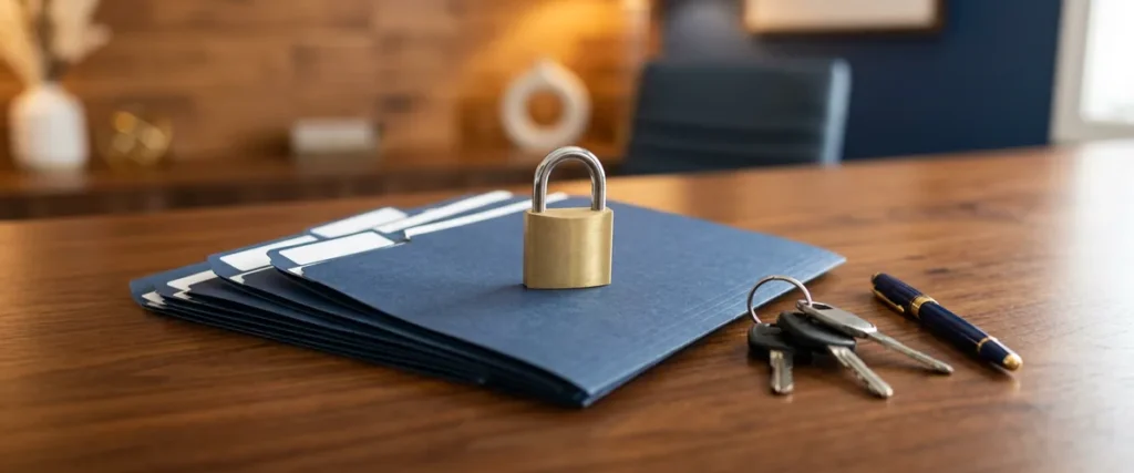 Navy customer file folders with a brass padlock and car keys on a dealership finance office desk, representing control over which vendors reach customer data