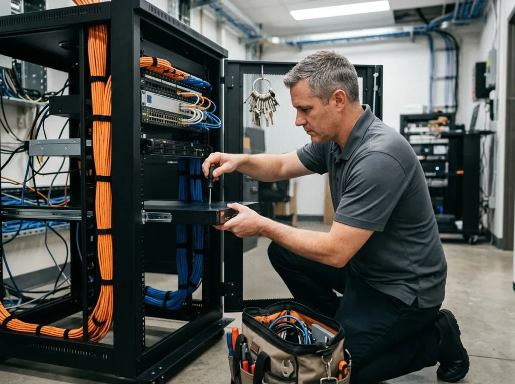 IT security technician fitting a firewall appliance into a network rack with orange and blue patch cables at a car dealership