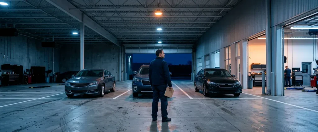 Quiet car dealership service drive at dawn with cars waiting and a service advisor holding a paper clipboard, the scene of a ransomware outage
