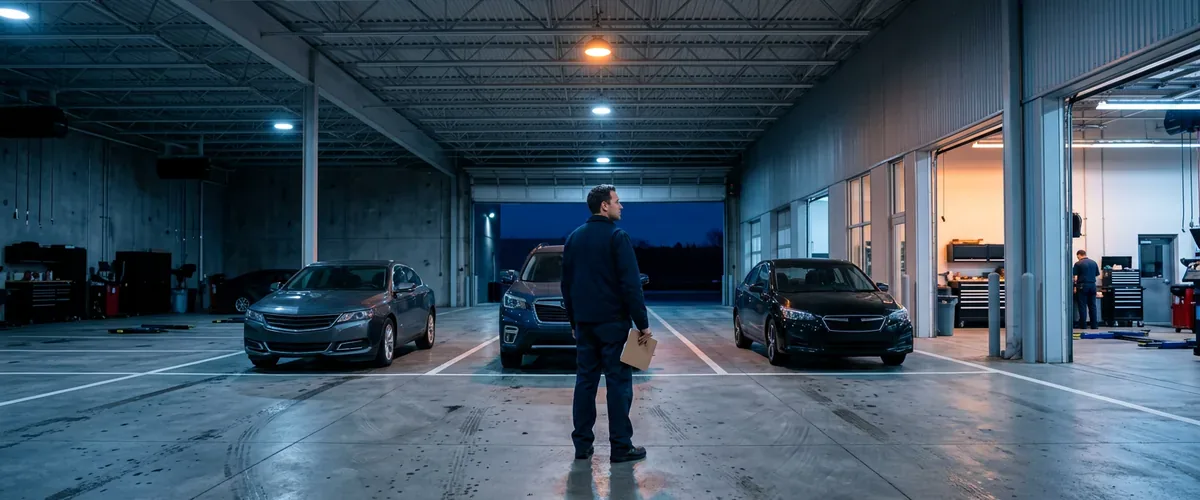Quiet car dealership service drive at dawn with cars waiting and a service advisor holding a paper clipboard, the scene of a ransomware outage