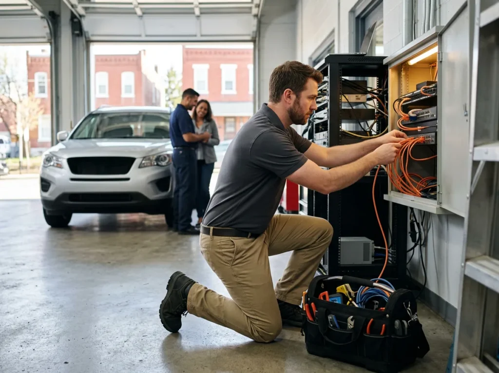 IT field technician kneeling at a network cabinet in a Baltimore dealership service drive while a service advisor greets a customer