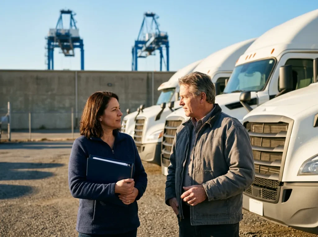 Two heavy truck dealership managers talking beside a row of new trucks with Port of Baltimore cranes in the distance