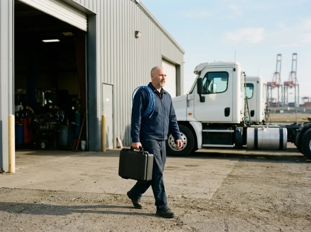 IT field technician carrying a tool case and a coil of blue network cable past the service bays of an East Bay heavy truck dealership, with white semi tractors and port container cranes behind