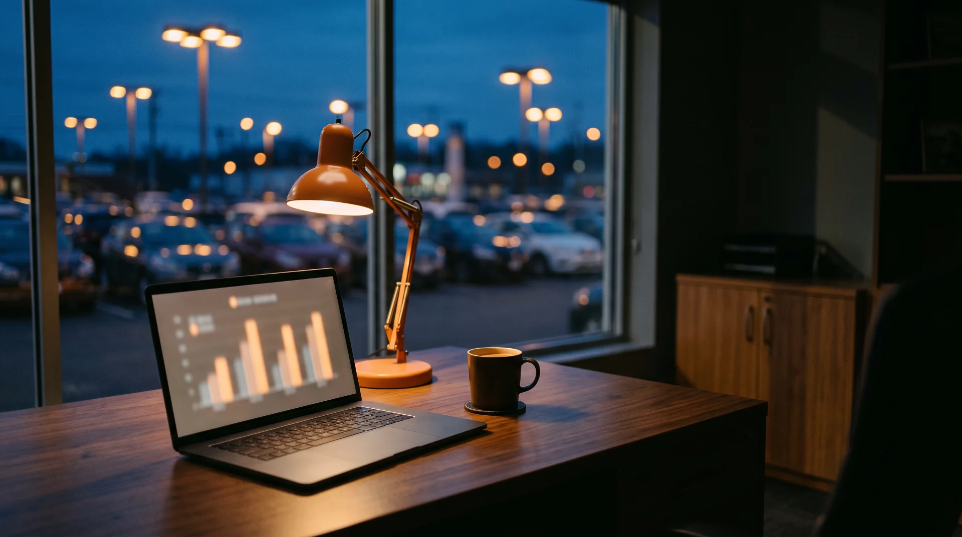 Laptop with abstract charts on a dealership manager desk at dusk with the lit lot behind