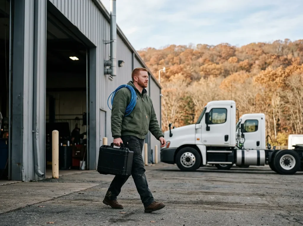 IT field technician carrying a tool case and a coil of blue network cable past the service bays of a heavy truck dealership in central Massachusetts, with white semi tractors and autumn hills behind