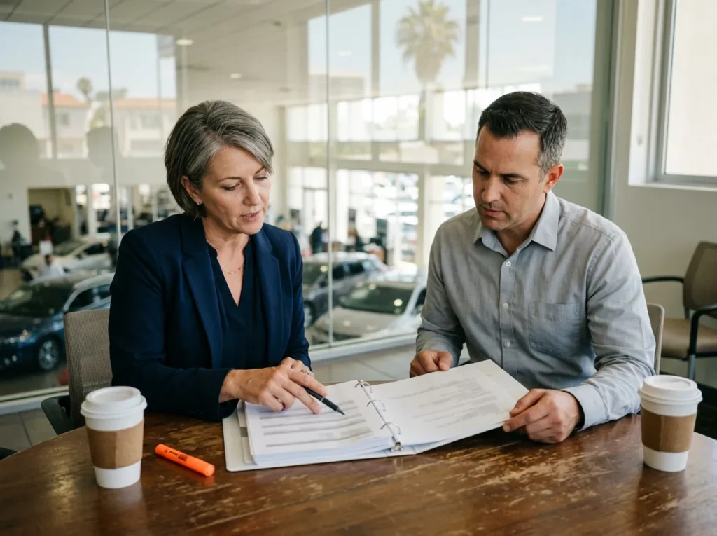 Dealership general manager and compliance manager reviewing a binder of printed privacy policies in an office above a Southern California showroom