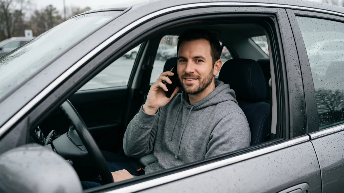 Caller in a parked car on a mobile phone, posing as a dealership employee to get access from an IT help desk