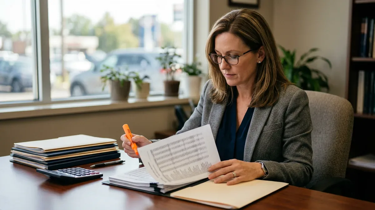 Dealership controller reviewing printed phone and network service agreements with a highlighter
